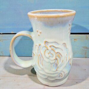 Hand Made Stoneware Pottery Coffee Mug Cup Artist Signed Pastel Glaze Embossed